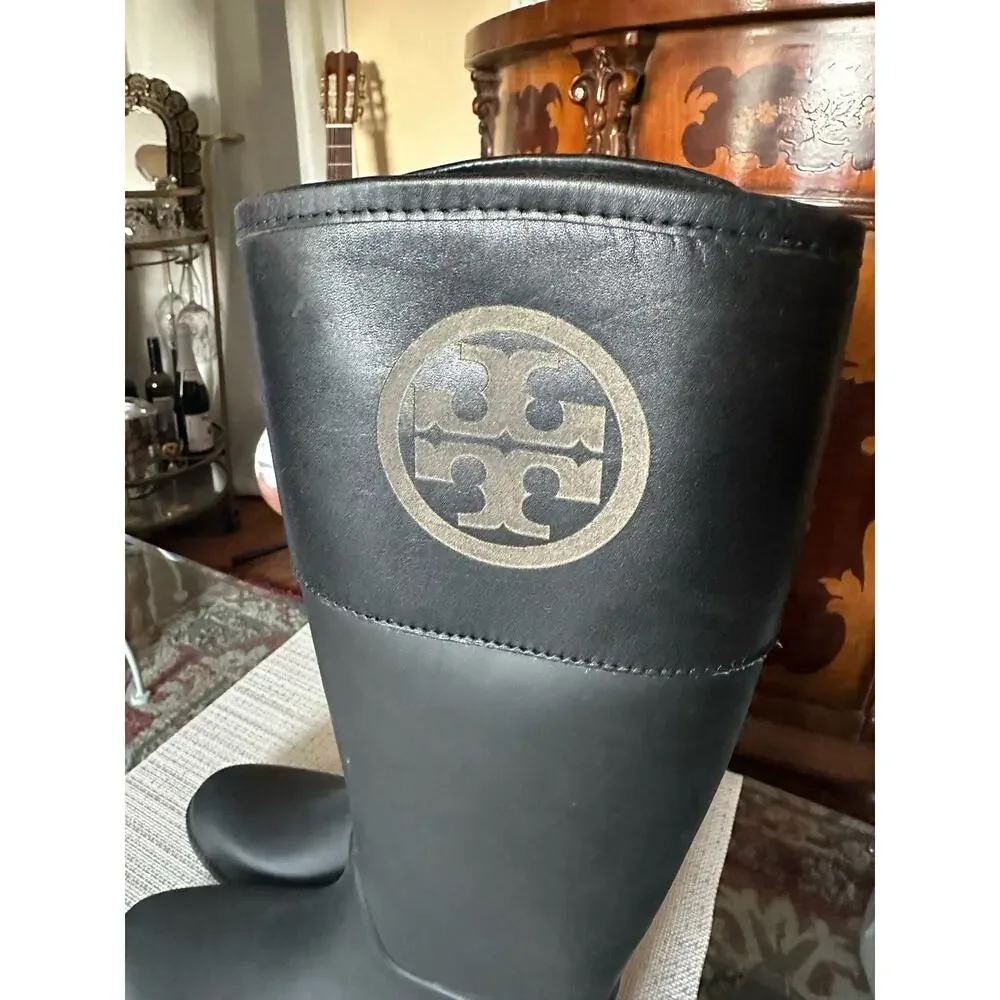 Tory‎ Burch Black Rubber Tall Rain Boots Womens Size US 9.5